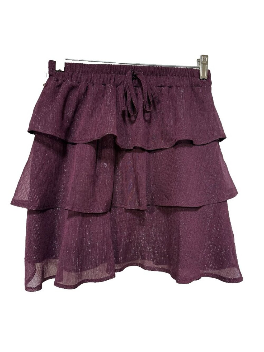 Trixxi Tiered Ruffle Mini Skirt Womens Size Small Sheer Shimmer Burgundy